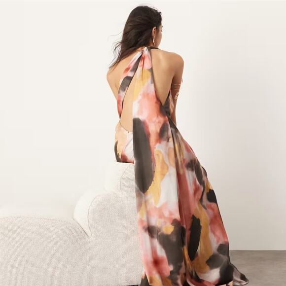 NEW Edition Asos Watercolor Print Satin Halter Maxi Dress 4‎ Pink Black Tan NWT - Picture 13 of 13